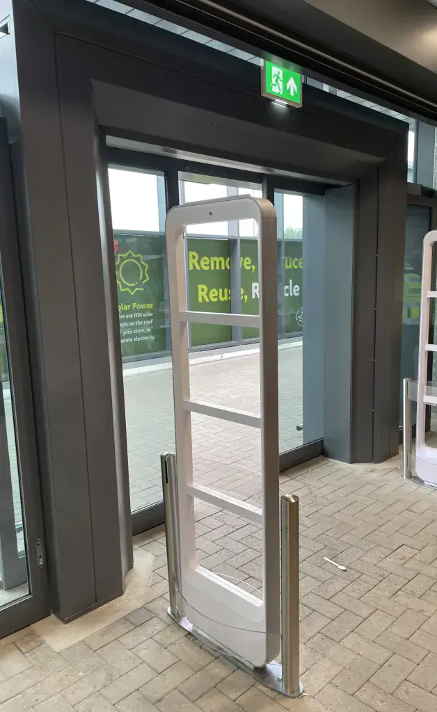 Automatic sliding lobby doors seen from inside a store